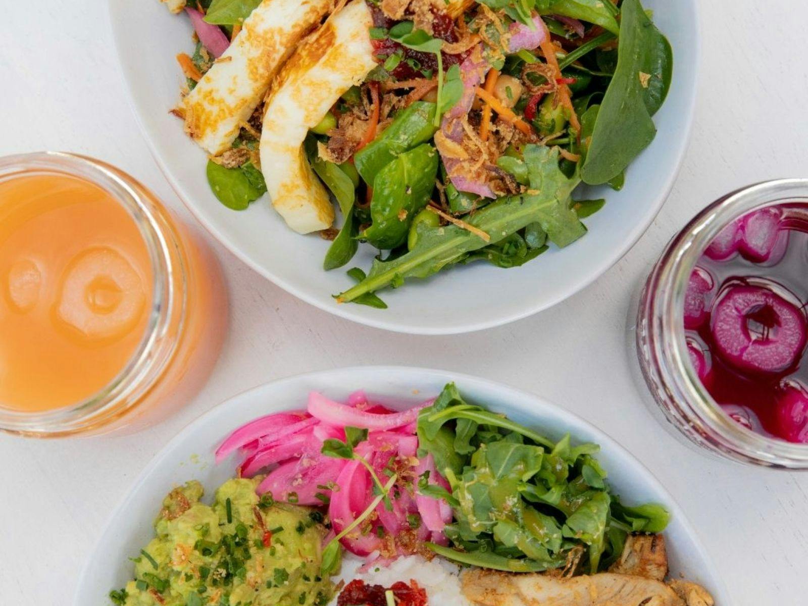 Colourful food and drink on white table