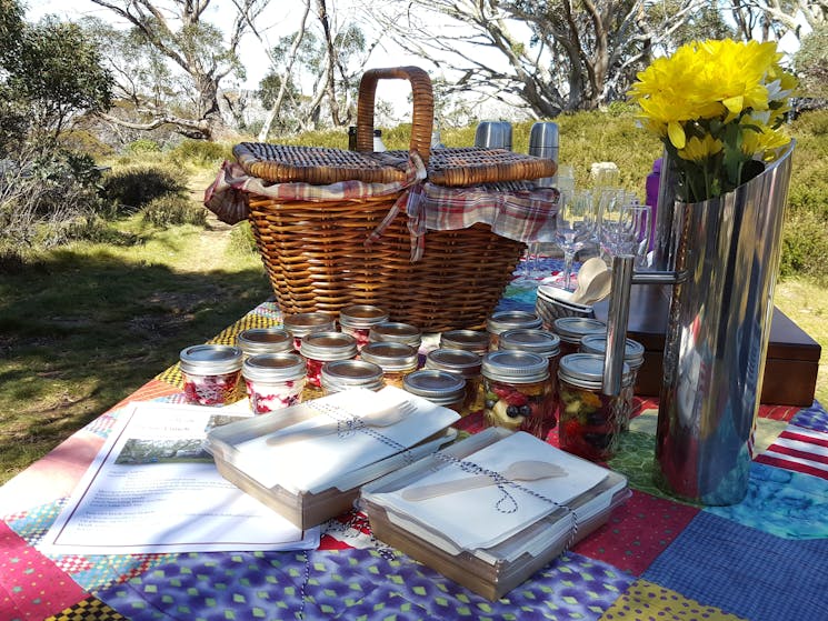 Picnic basket with individual picnic food packaged, vase of flowers on a picnic rug