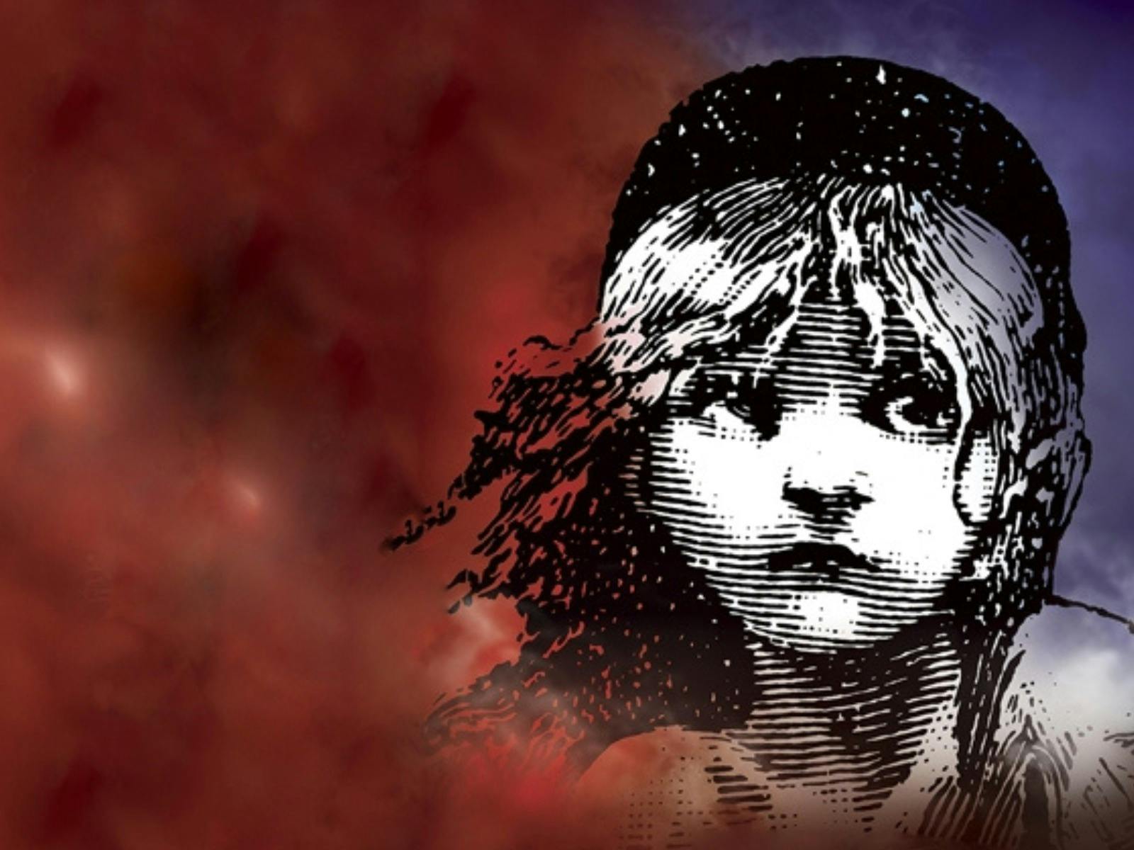 A black and white graphic of a young girl looking ahead against a red and blue background