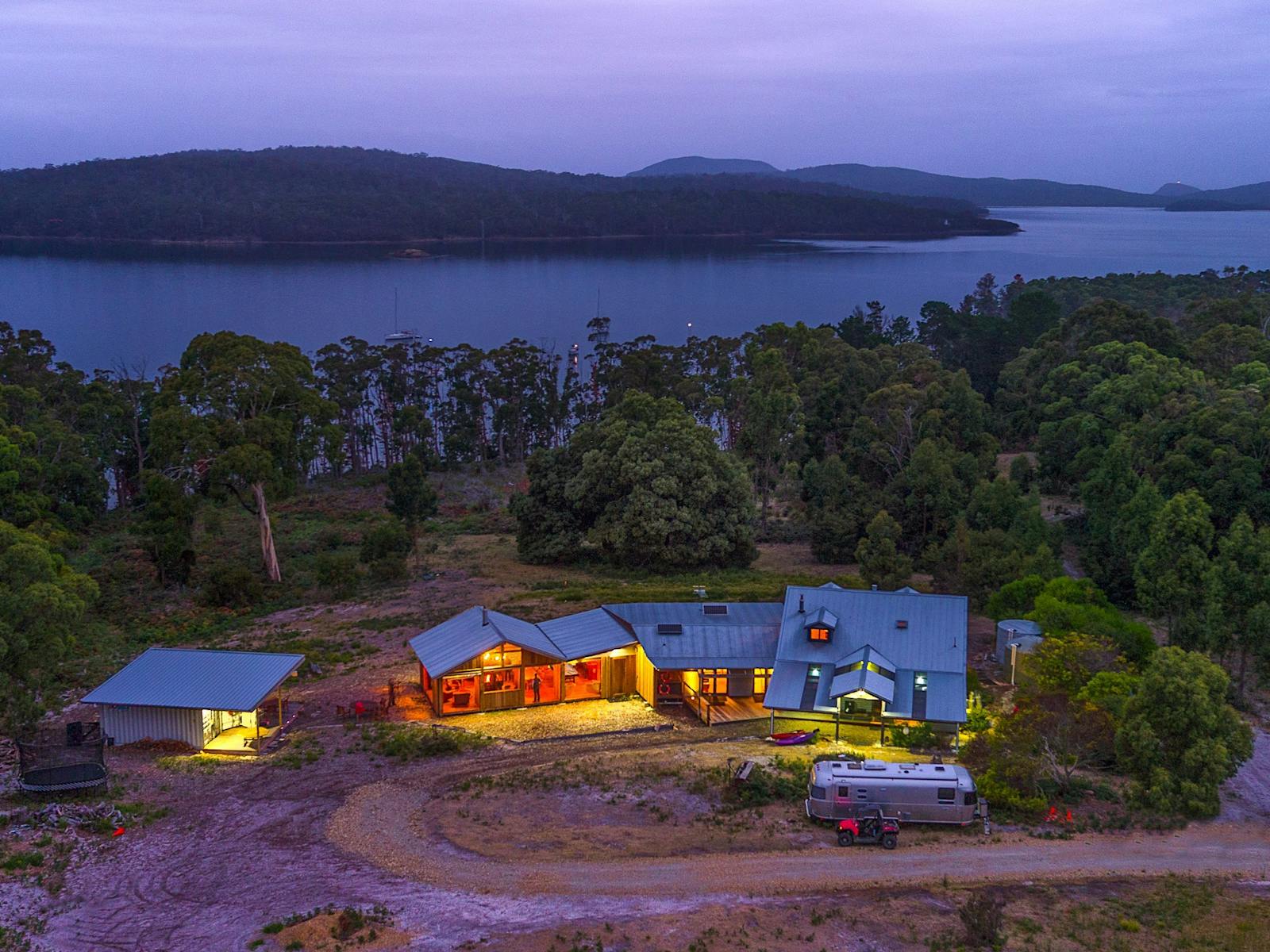Bruny Island Lodge aerial evening view to Mickeys Bay