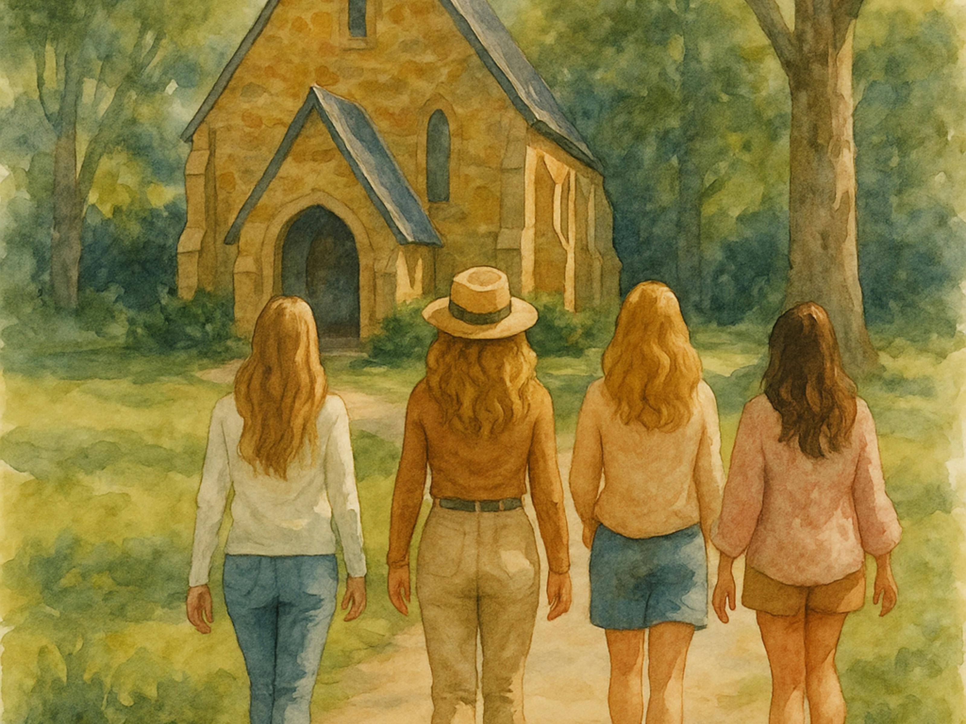 A group of 4 ladies walk towards an old standstone church, through the dappled light of the trees
