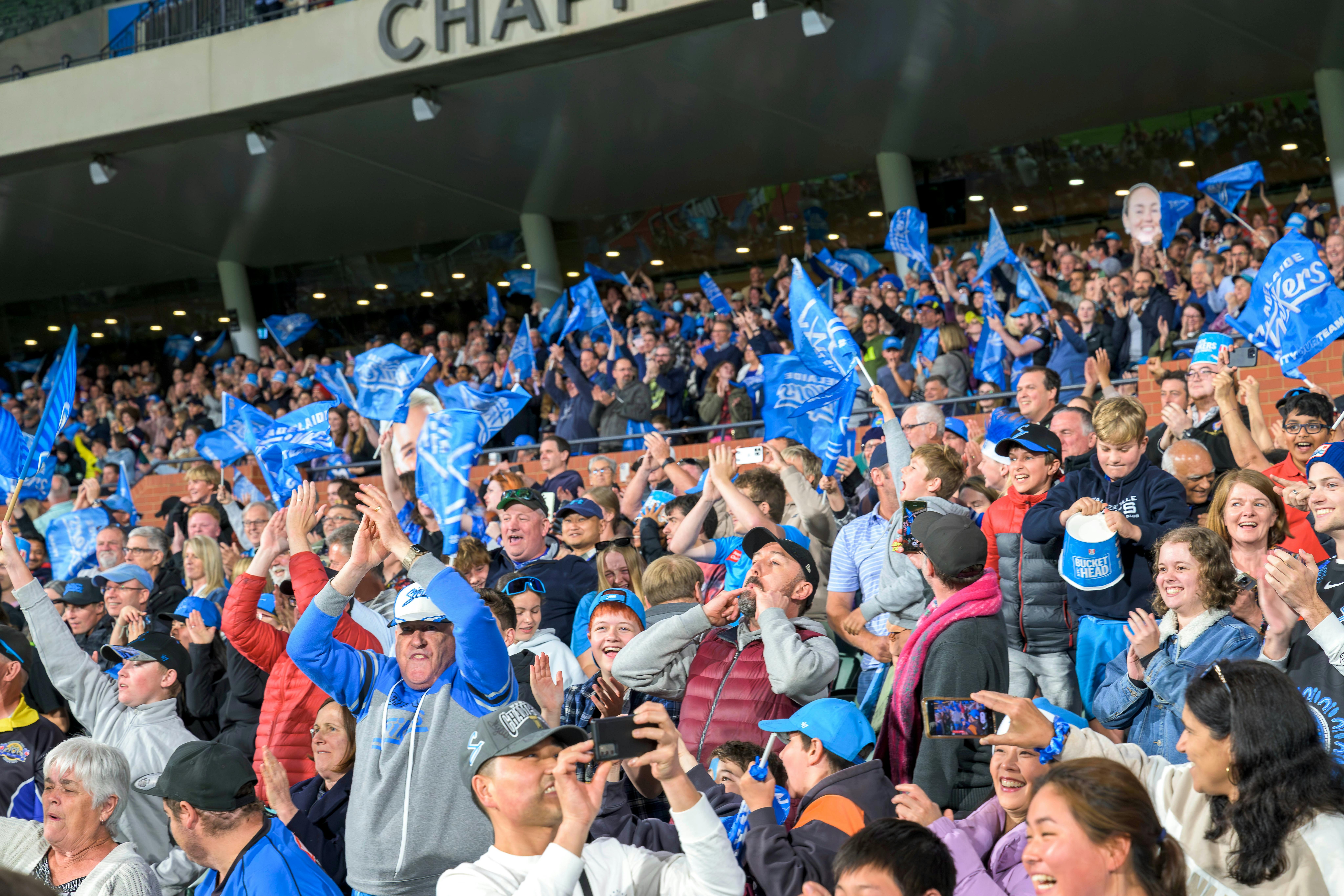 Fans cheering on the Adelaide Strikers at Adelaide Oval
