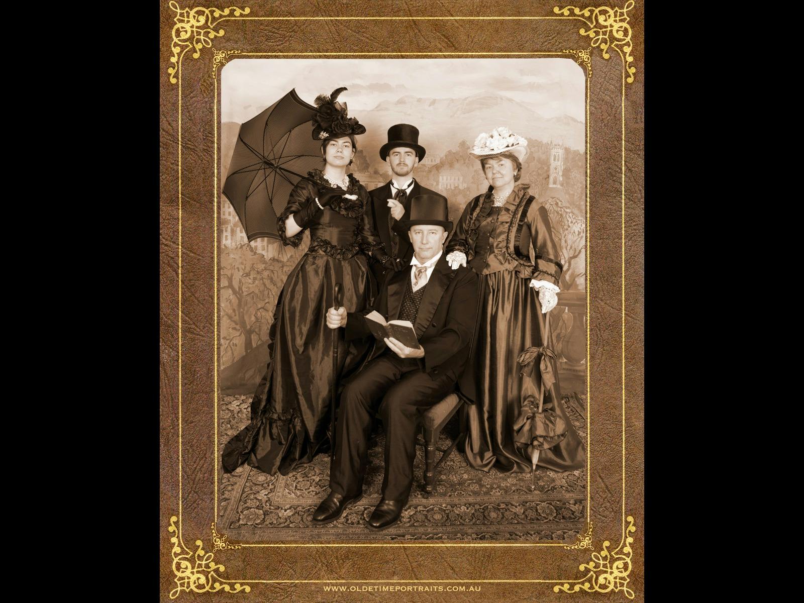 a family of four persons in Victorian Cotume with a backdrop of Old Hobart Town in 1870
