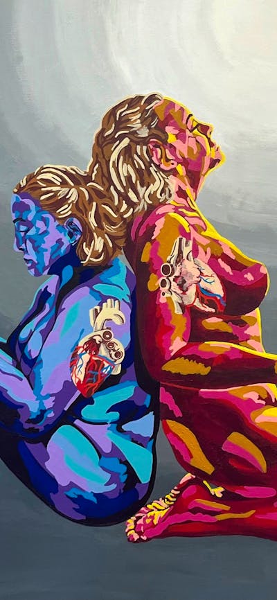 Paintning of two nude women sitting back to back, one blue toned and the other red/violet.