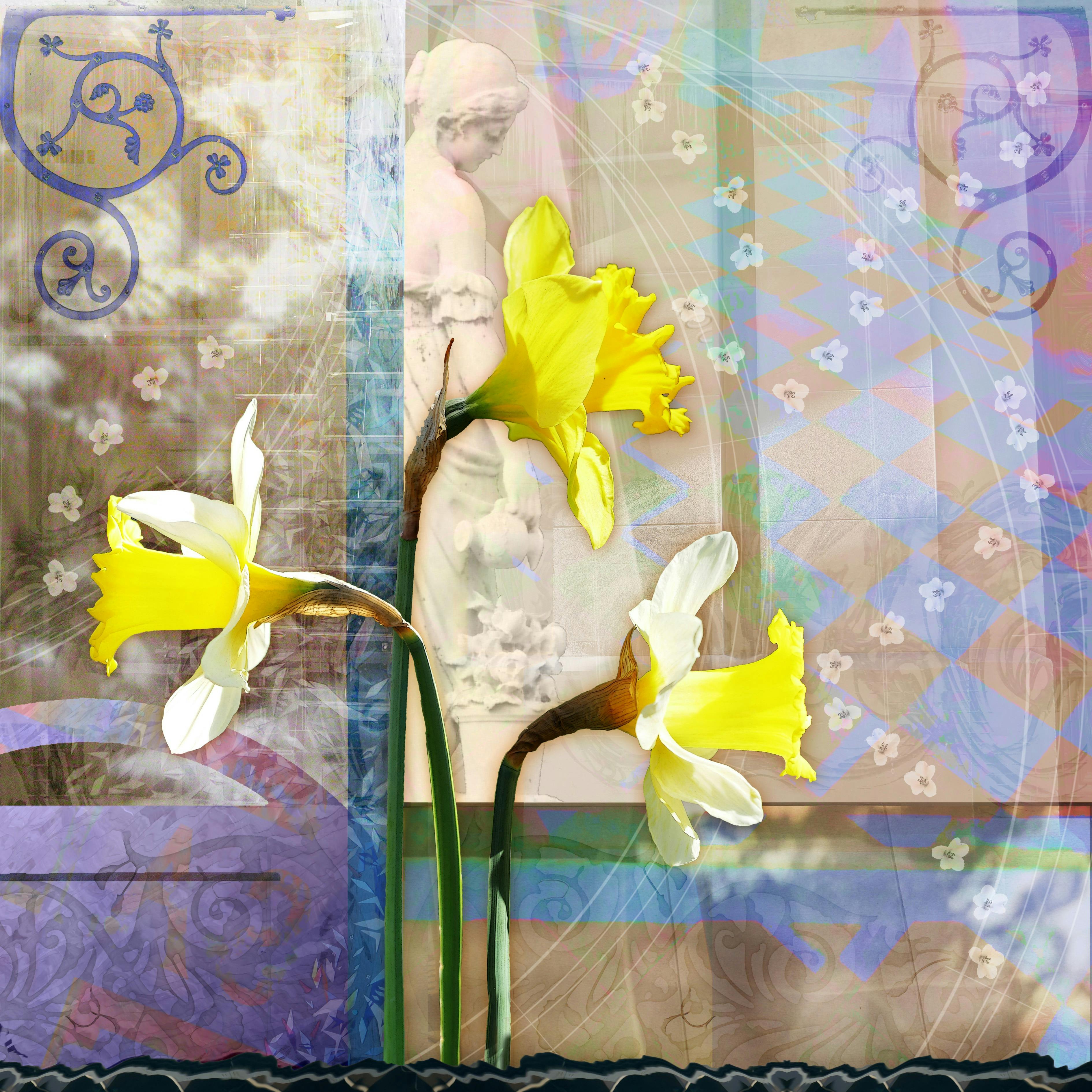 three yellow flowers with a background of checkered blue and yellow squares