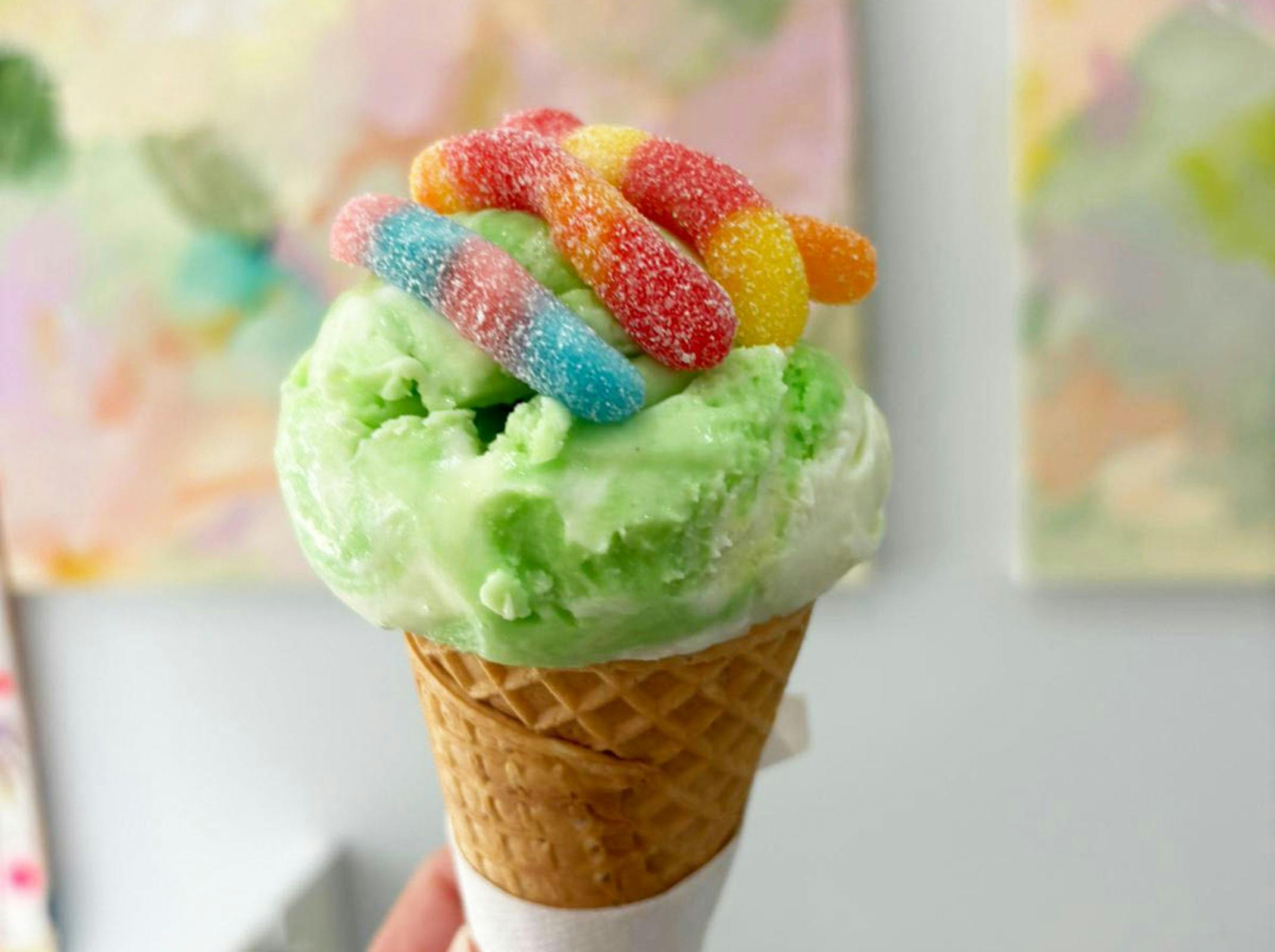 Lime Spider gelato with sour worms
