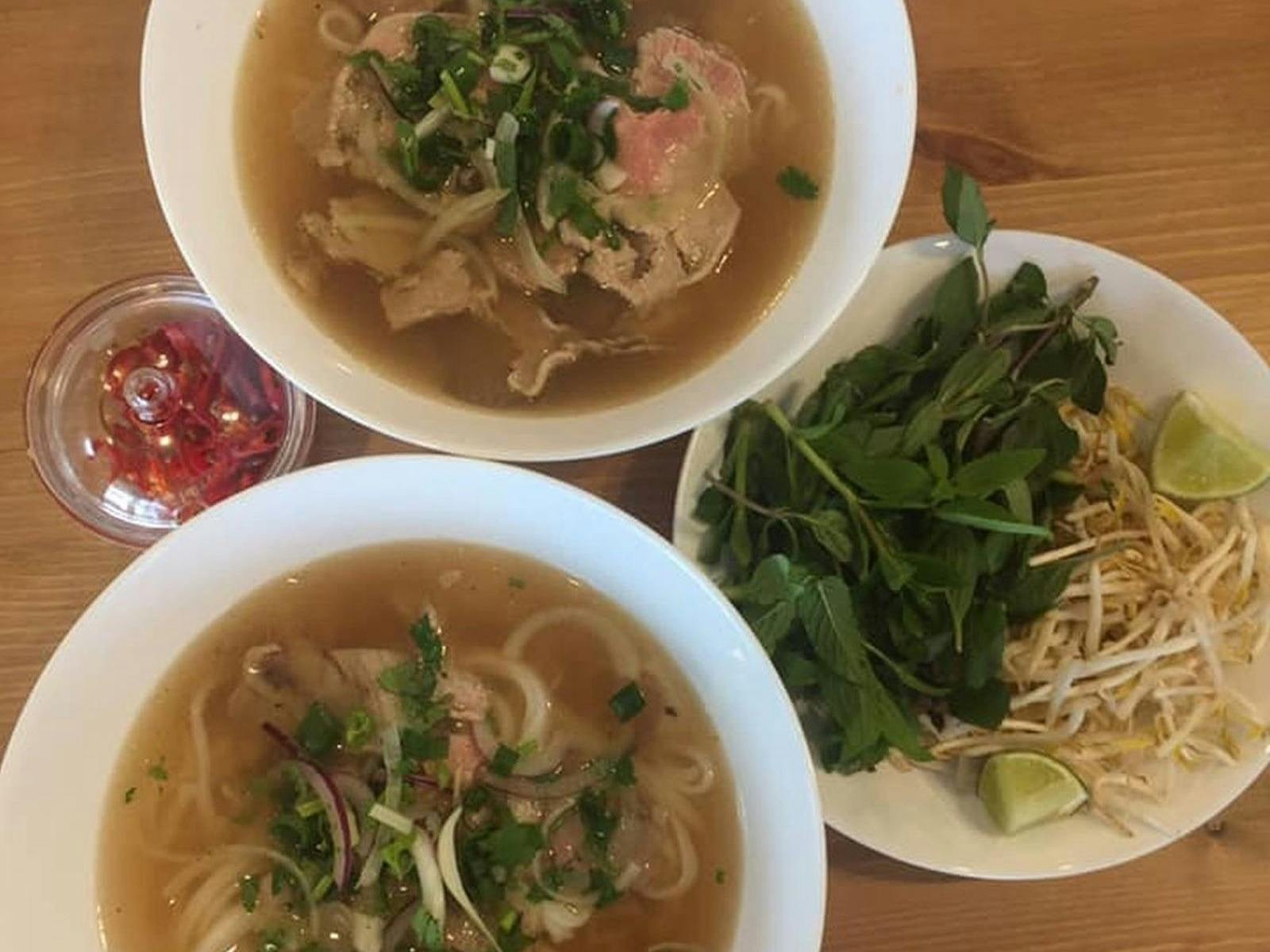 Three Vietnamese soups with chilli on the side