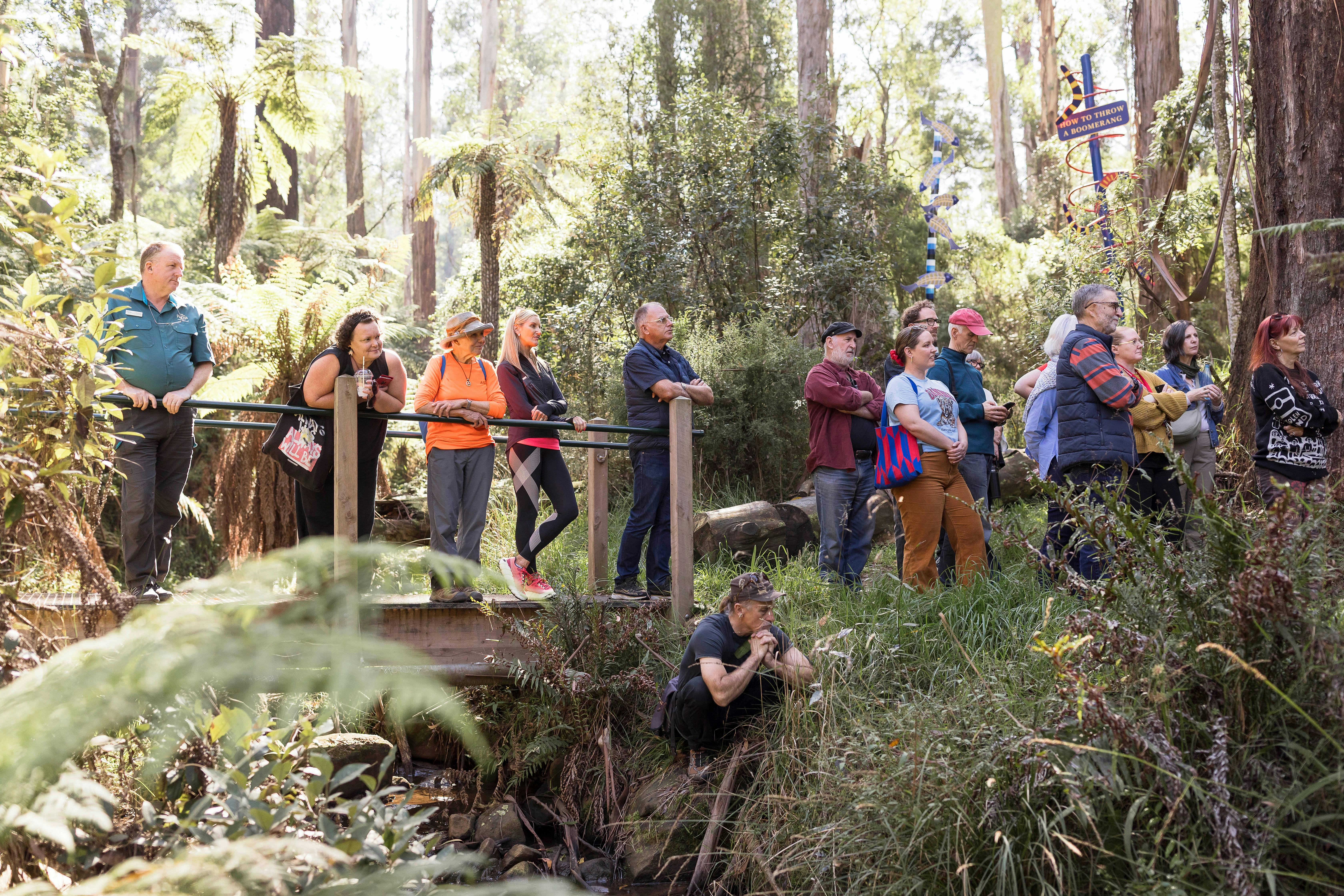 attendees at an artist talk in the forest