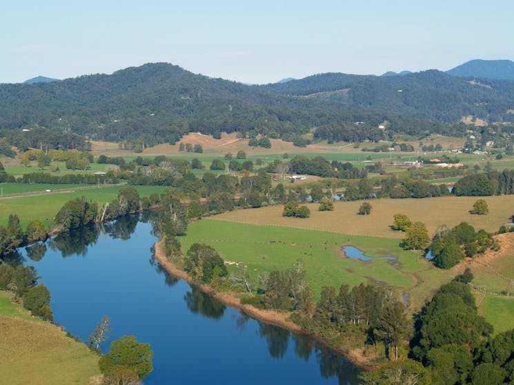 Hinterland Bellingen Valley, Bellinger River aerial by helicopter, NSW
