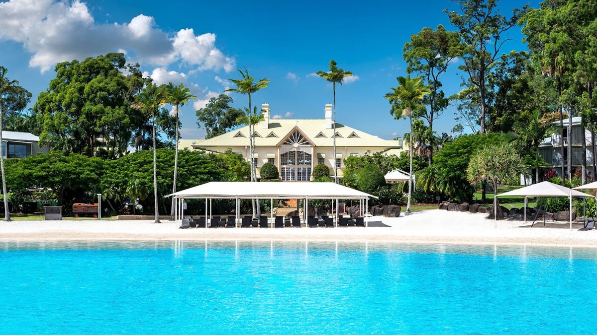 Resort view over our one-acre lagoon beach
