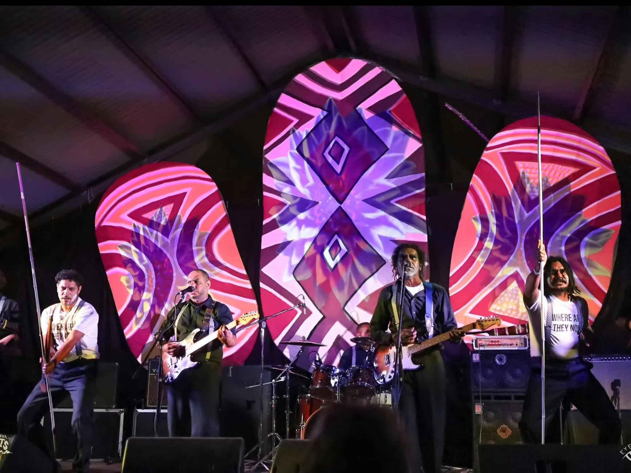 A band plays at Kuranda Roots Festival at Emerald Creek near Mareeba, FNQ. A band plays at Kuranda Roots Festival at Emerald Creek near Mareeba, FNQ.