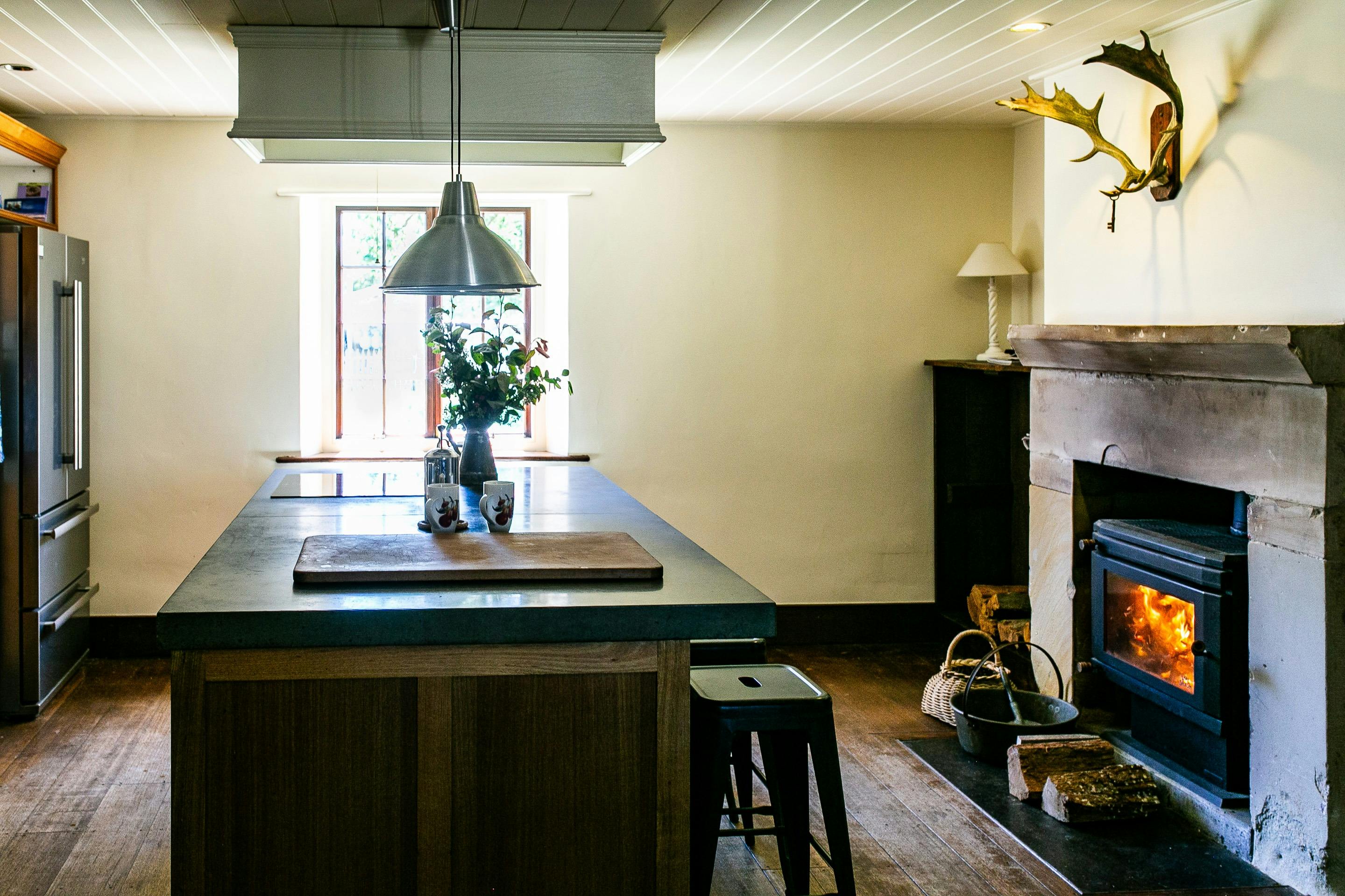 Kitchen bench and wood heater