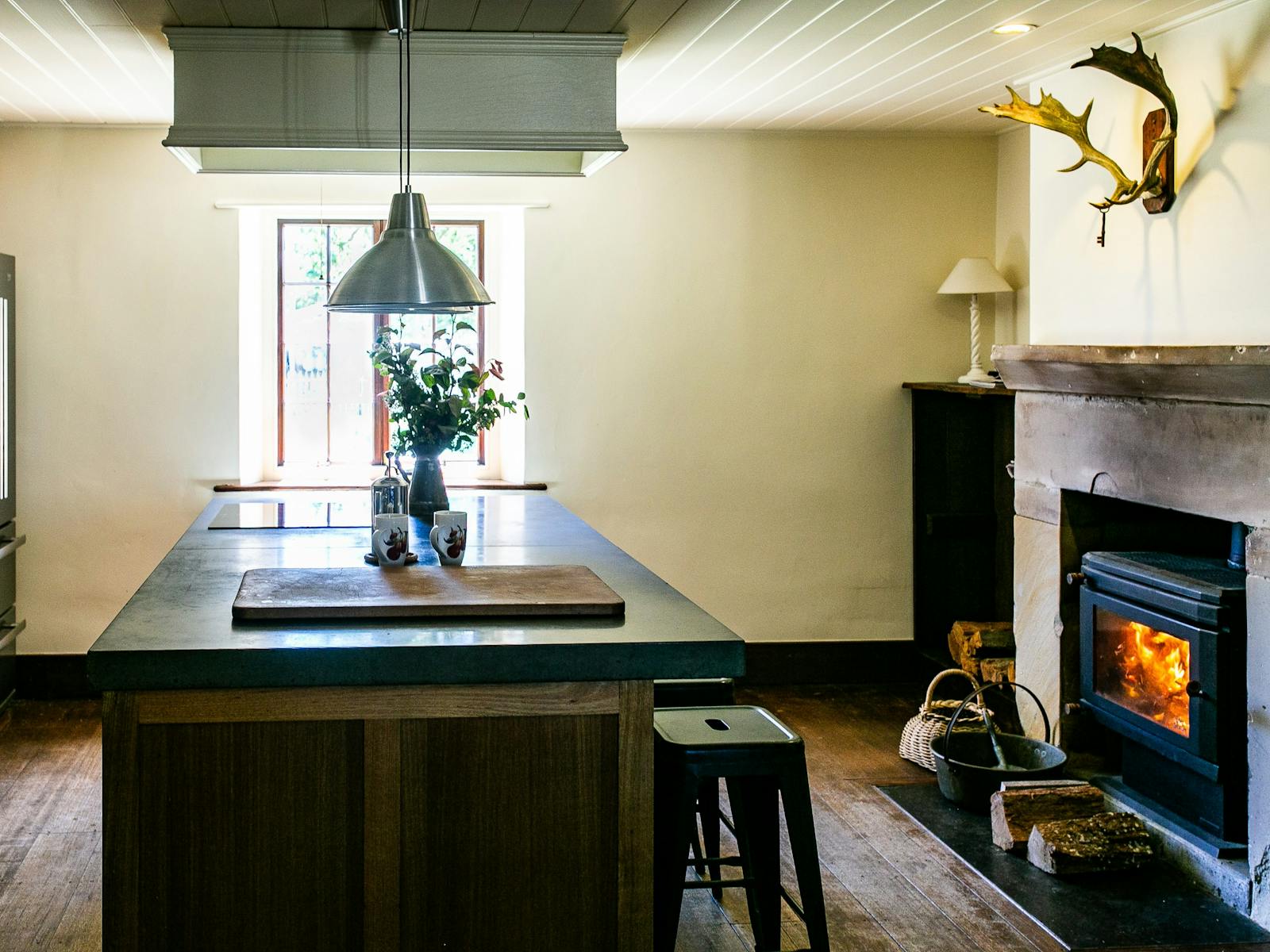 Kitchen bench and wood heater
