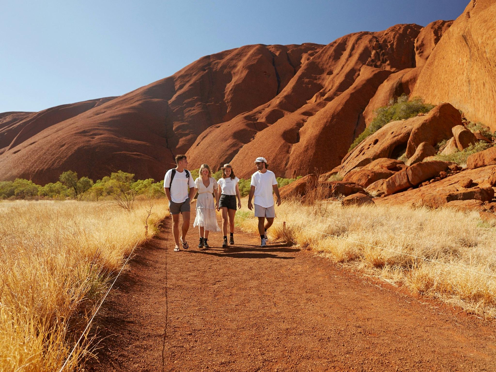 A group of friends walking around Uluru