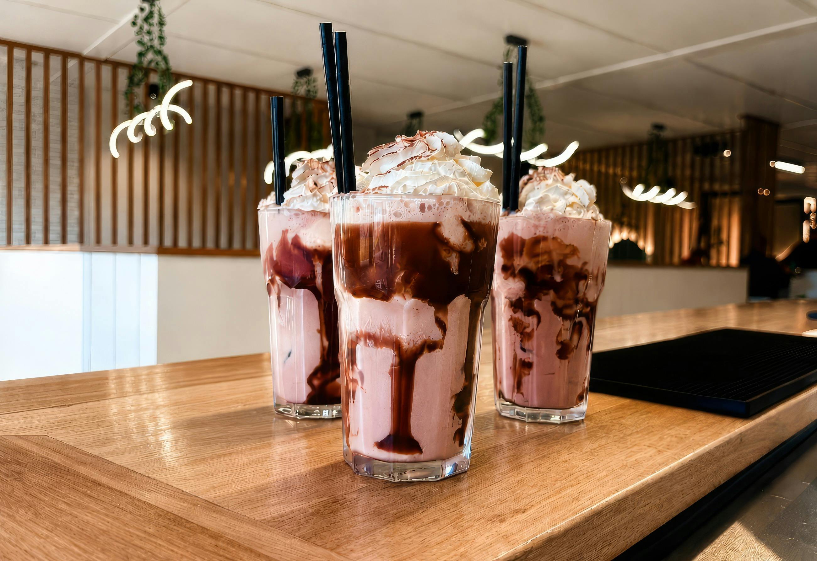 Three iced chocolates with whipped cream and chocolate drizzle on a wooden counter