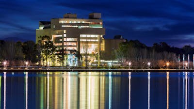 High Court of Australia at night from across Lake Burley Griffin