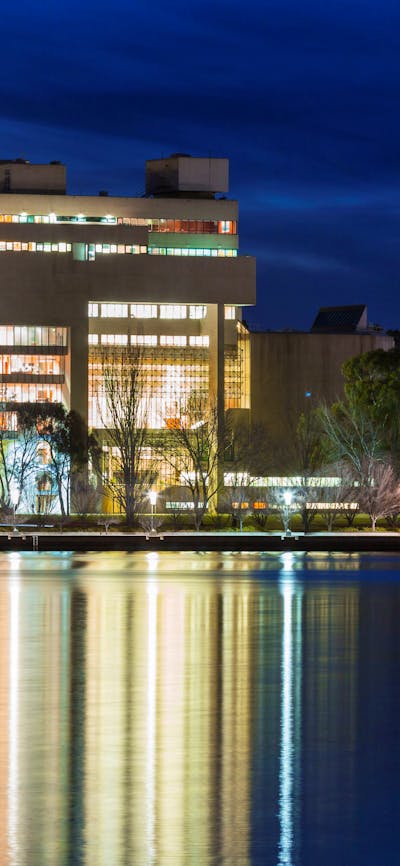 High Court of Australia at night from across Lake Burley Griffin