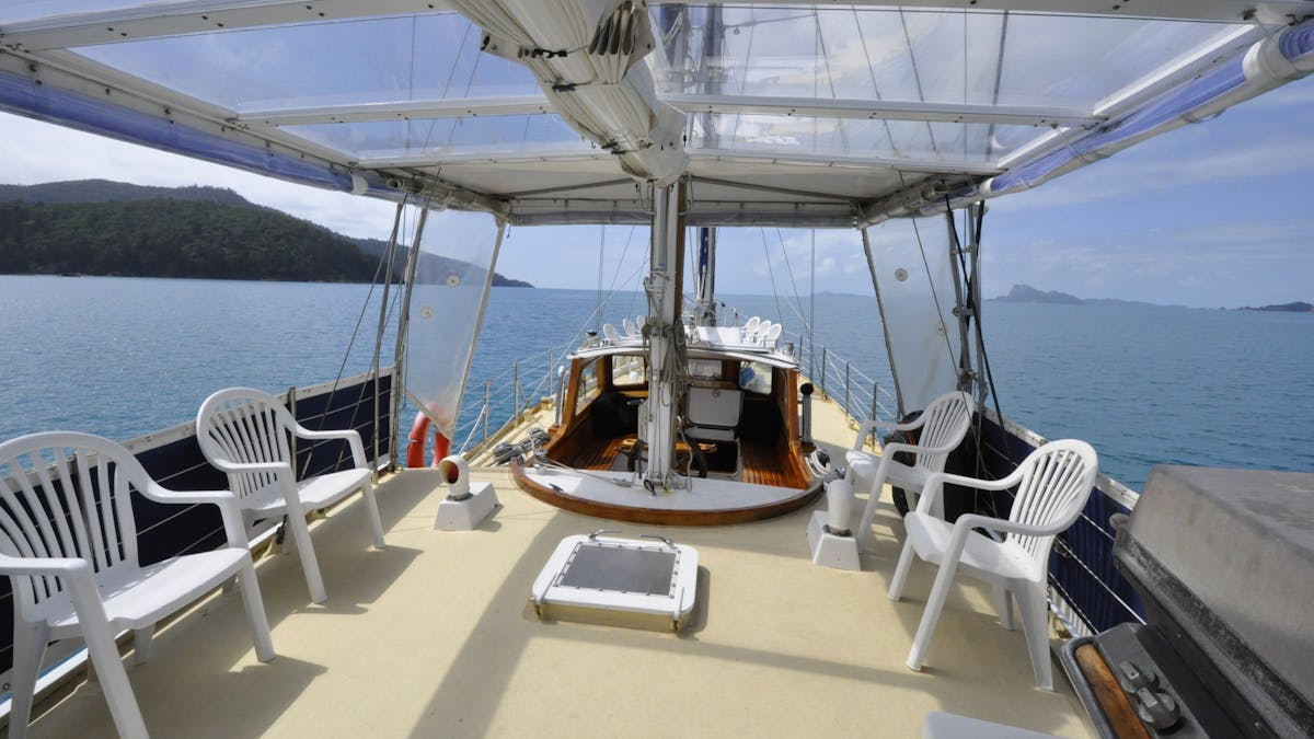 Looking forward from the spacious aft deck . Looking forward from the spacious aft deck .