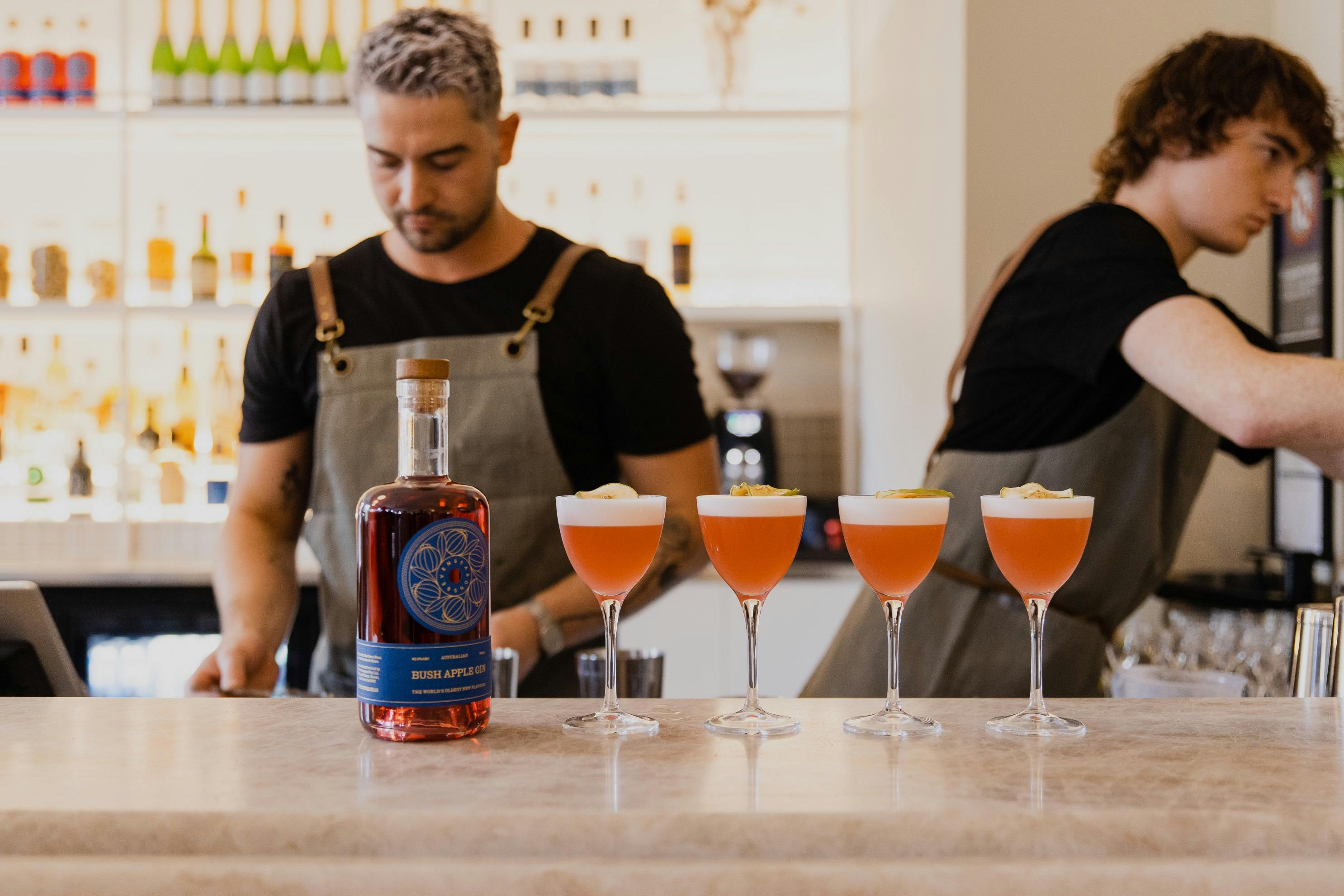 Two bartenders mixing cocktails at the bar