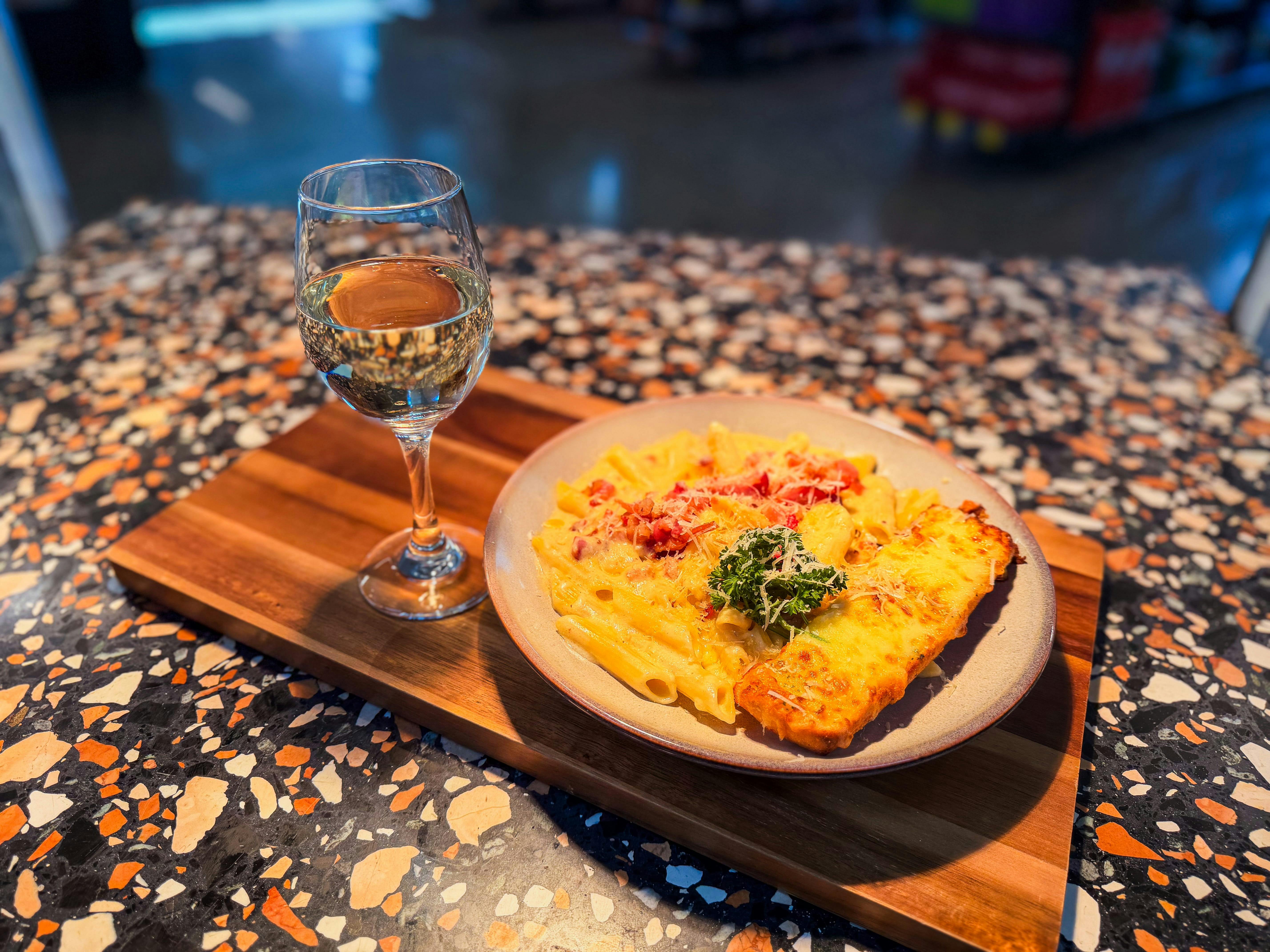 Ampol The Cliffs Roadhouse - Wine and Carbonara Pasta