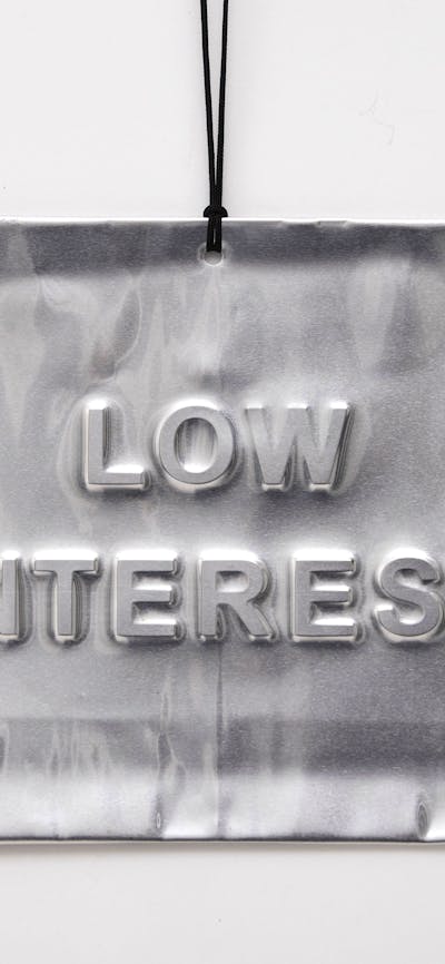 A rectangular plate of thin aluminium embossed with the words 'Low Interest'