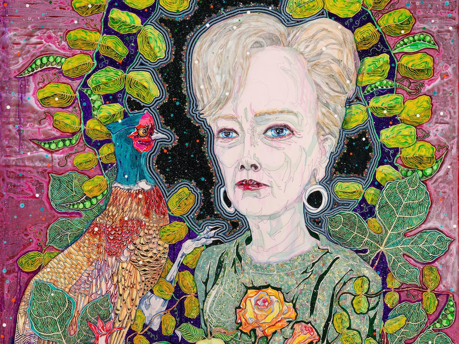 A painted portrait of Maggie Beer holding a pheasant.