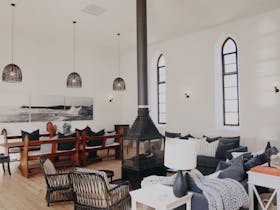 The church with comfortable lounges and fireplace