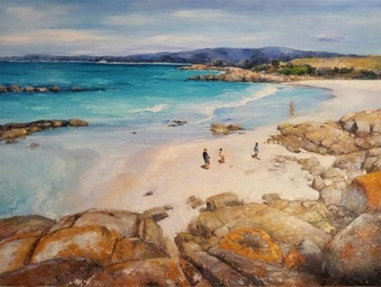 A view of the Tasmanian seaside, with rolling blue surf, algae-covered rocks and other visitors.