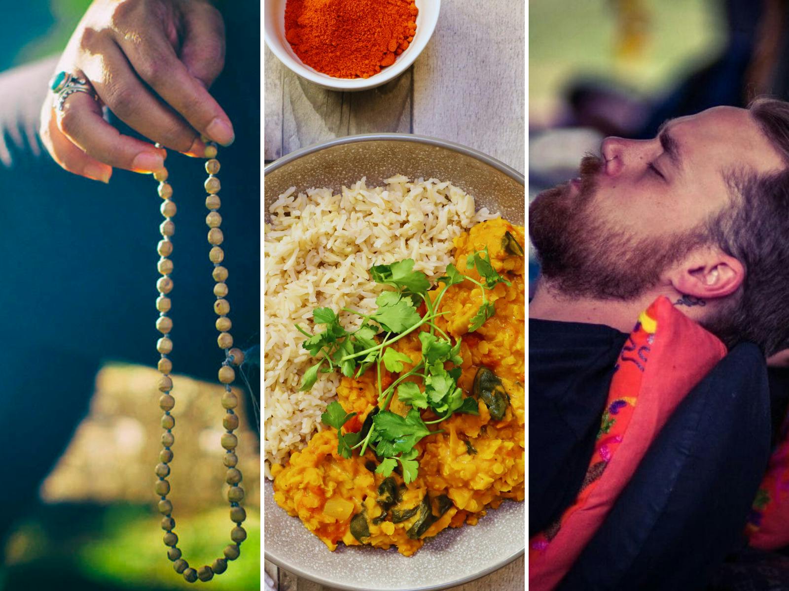 three photos together - a woman meditating, plant based food, and a man relaxing