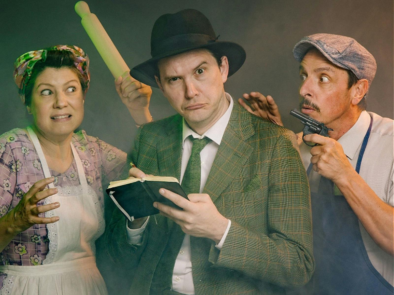 3 Actors posing with rolling pin, notebook and gun