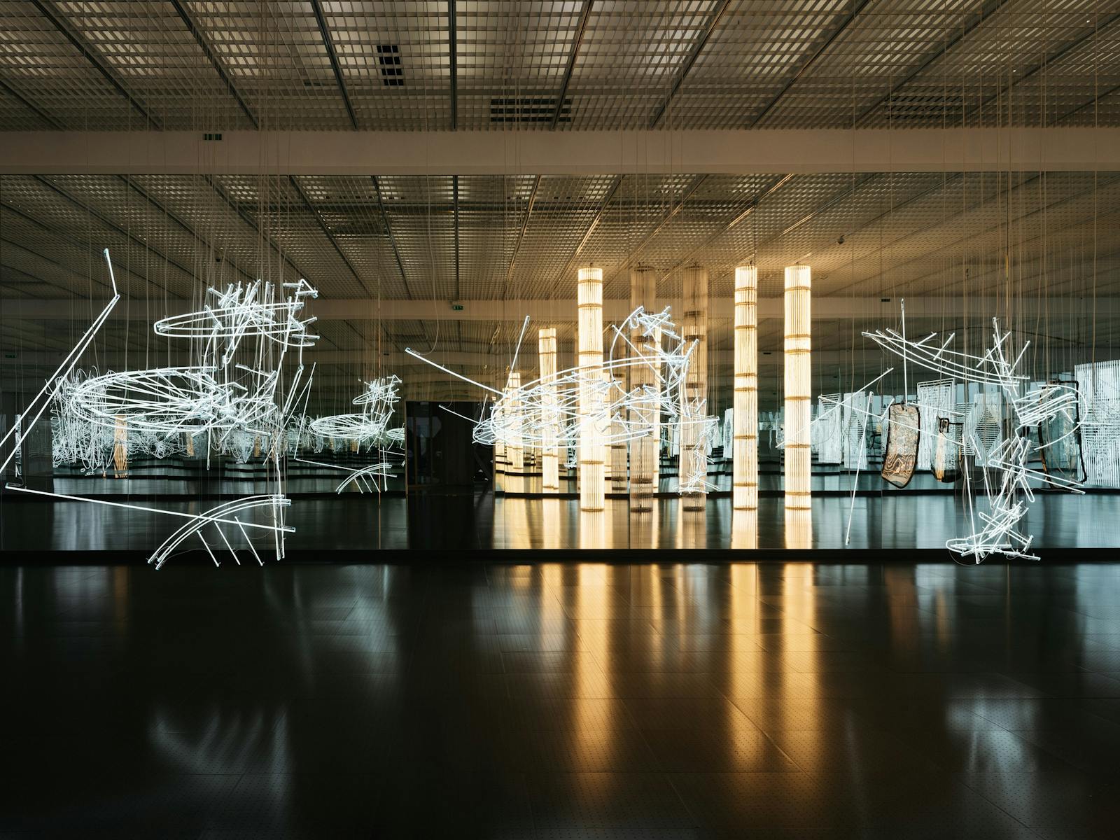 A LED artwork installation in a mirrored room.