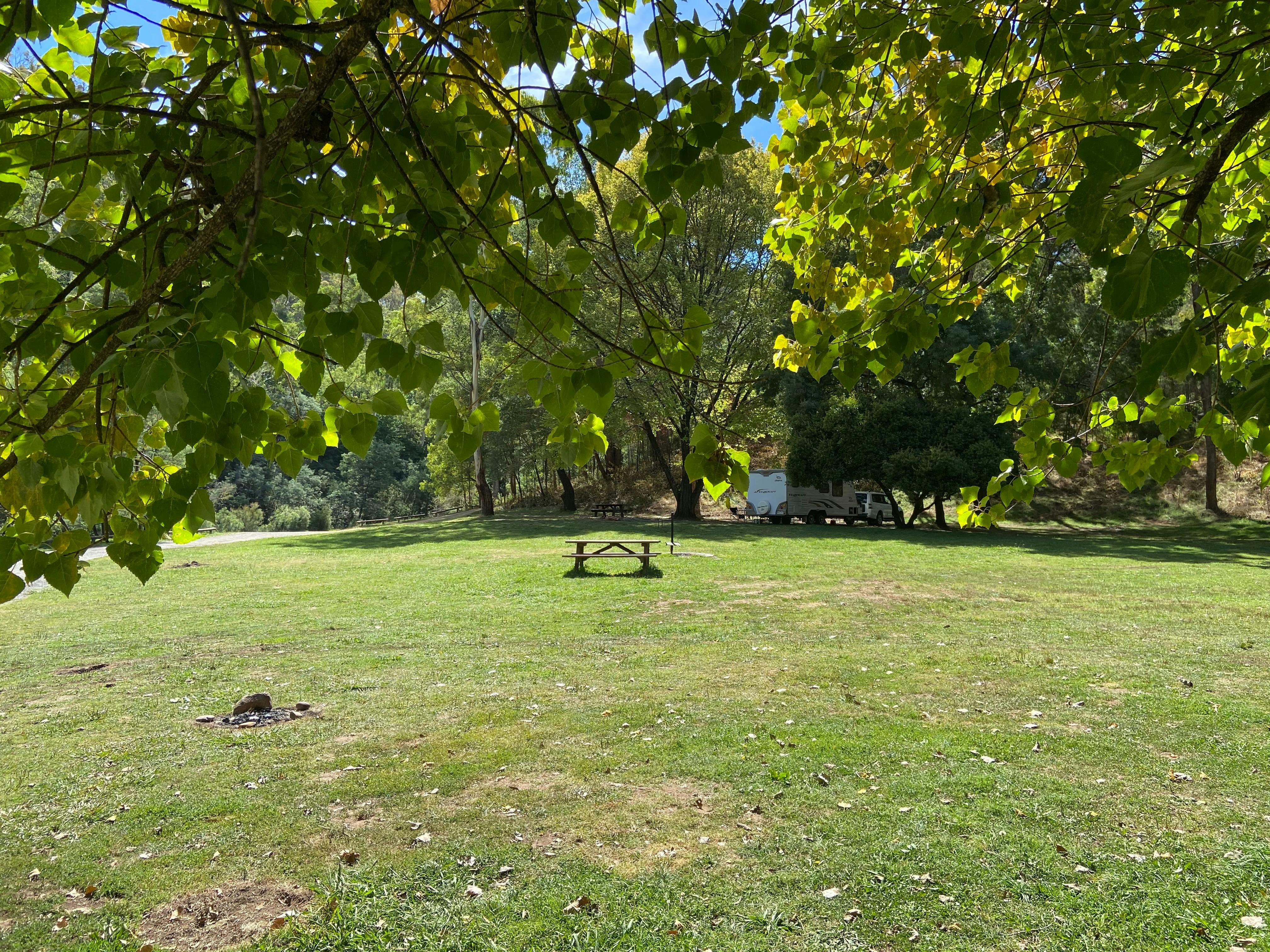 Large grassy area with a picnic table and caravan in background