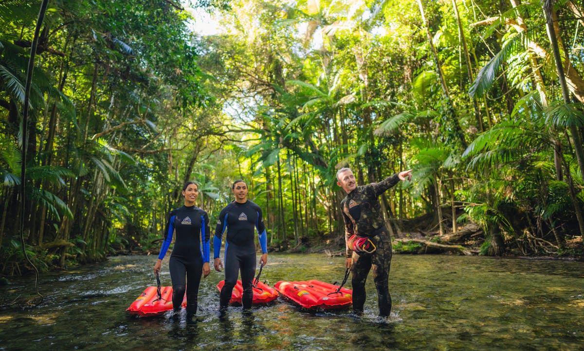 our guide showing 2 guests the rainforest while standing in the mossman river