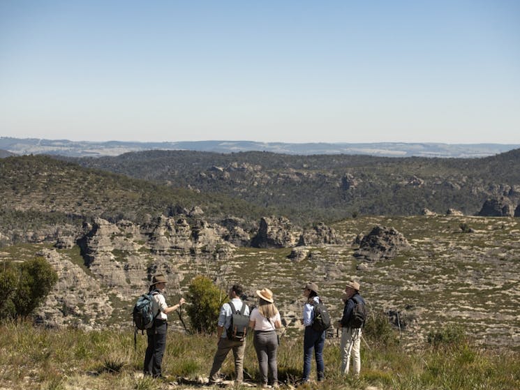 Guests listening to our tour guide with ancient sandstone rock pagodas in the background.