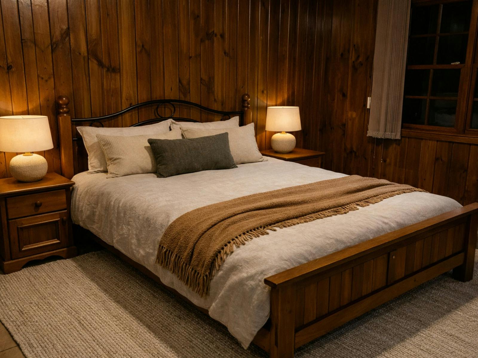 A cosy timber-lined bedroom with a queen bed, neutral bedding, bedside tables and matching lamps.