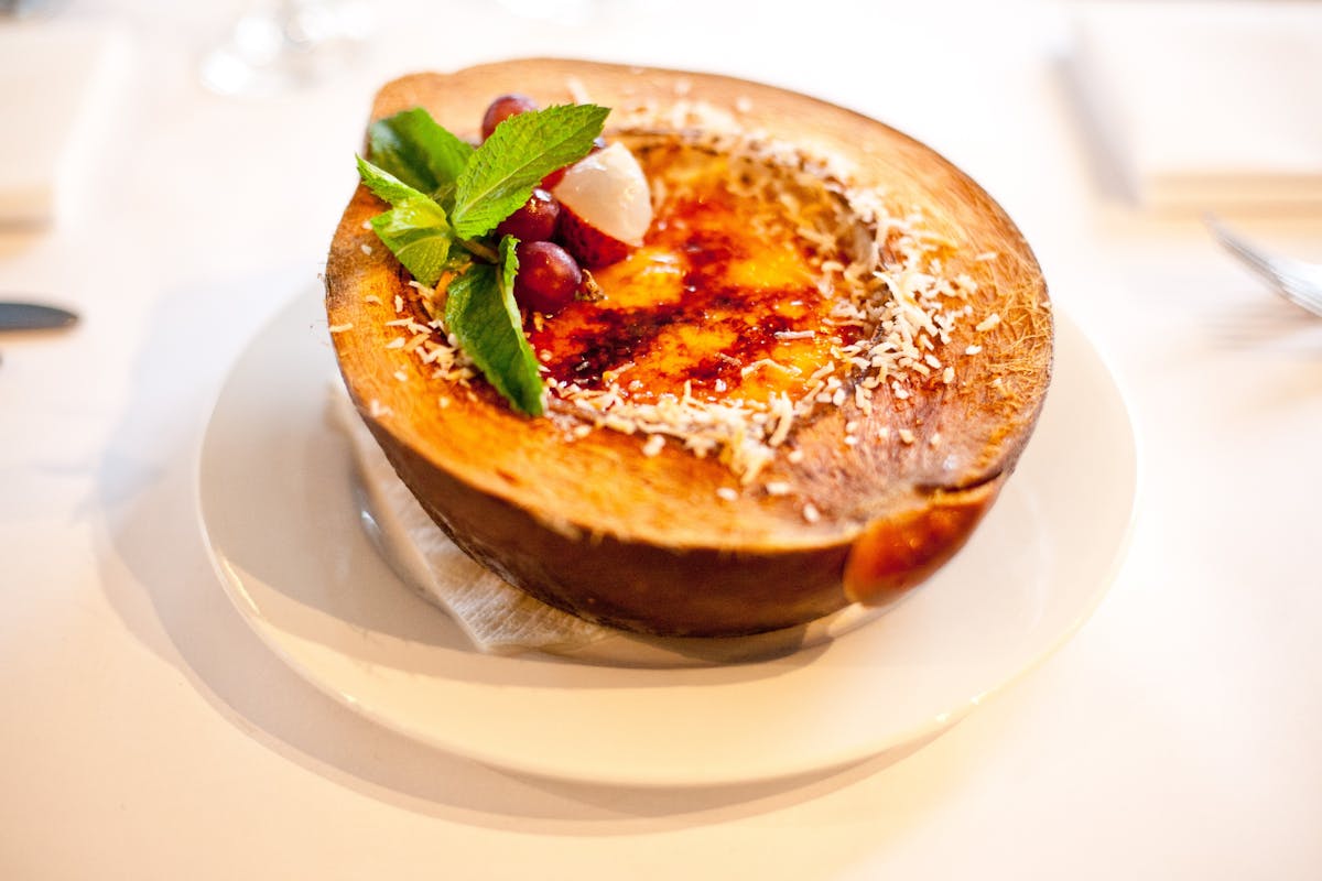 Seabean's famous crema catalana served in a half coconut