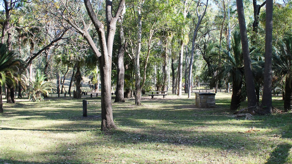Creek bend with grassy bank in the foreground and tall sandstone cliffs in the background.