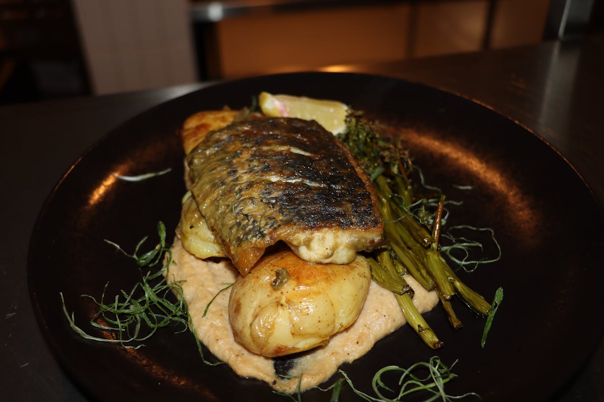 Pan seared Barra served with cauli puree, garlic mash potato's charred broccolini, and lemon butter