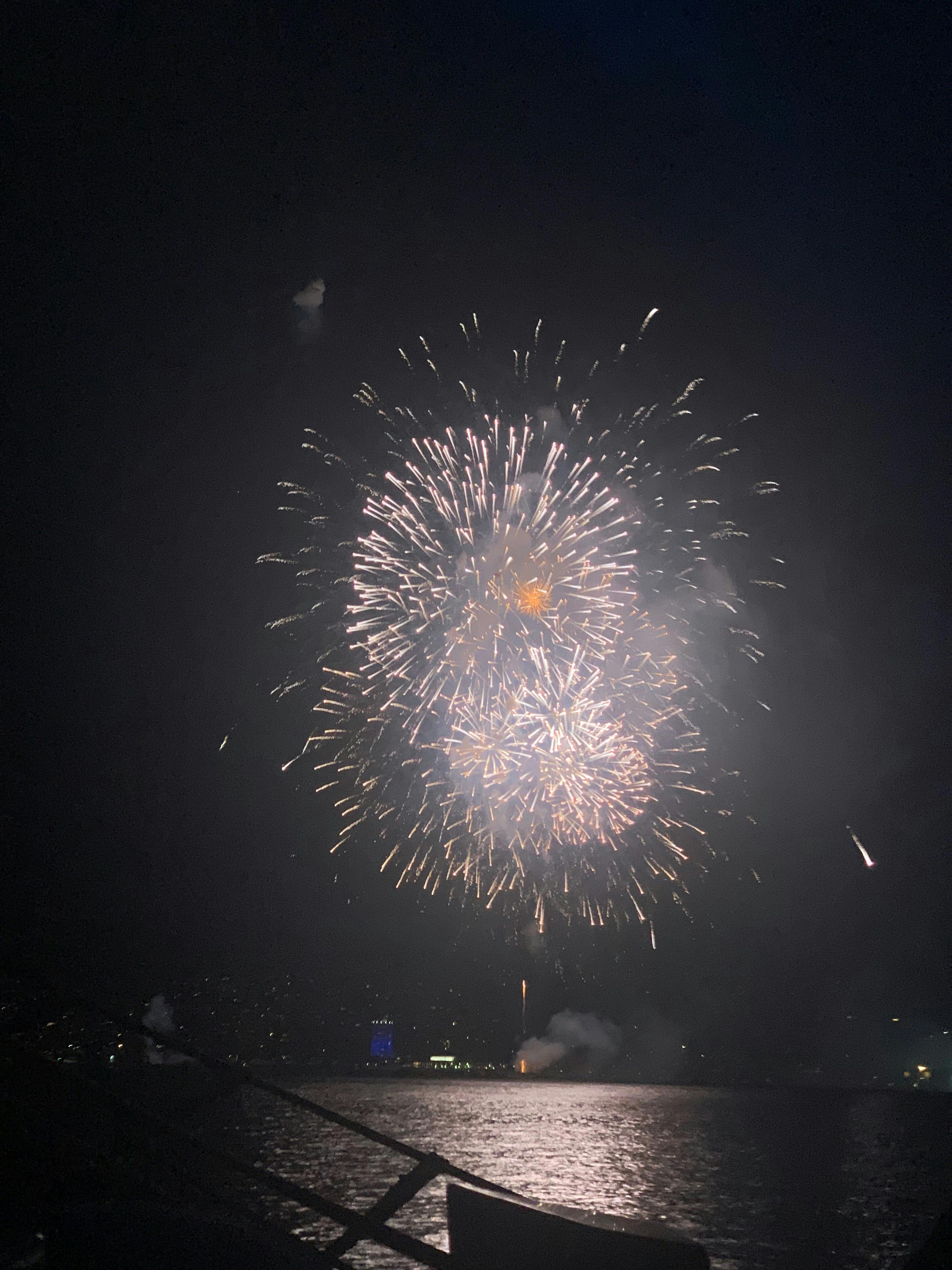 Fireworks exploding from the deck of the Lady Nelson Tall Ship