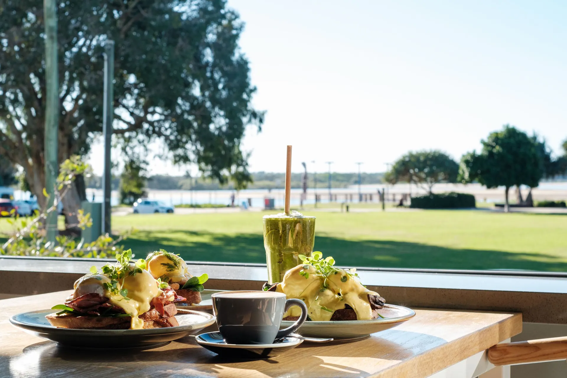 Enjoy Beach Bar Eggs Benny  every day for breakfast, overlooking the water at Cotton Tree.