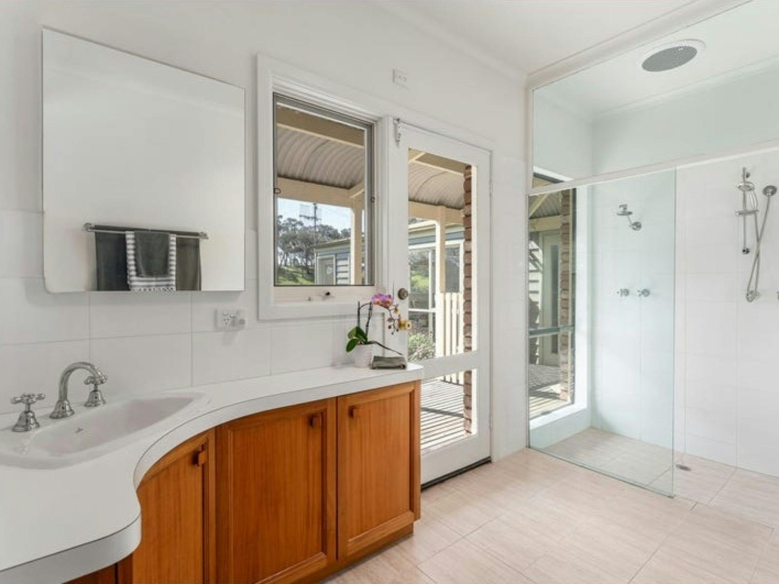 Bathroom interior at Sambar Ridge farm stay in Alexandra, Victoria.