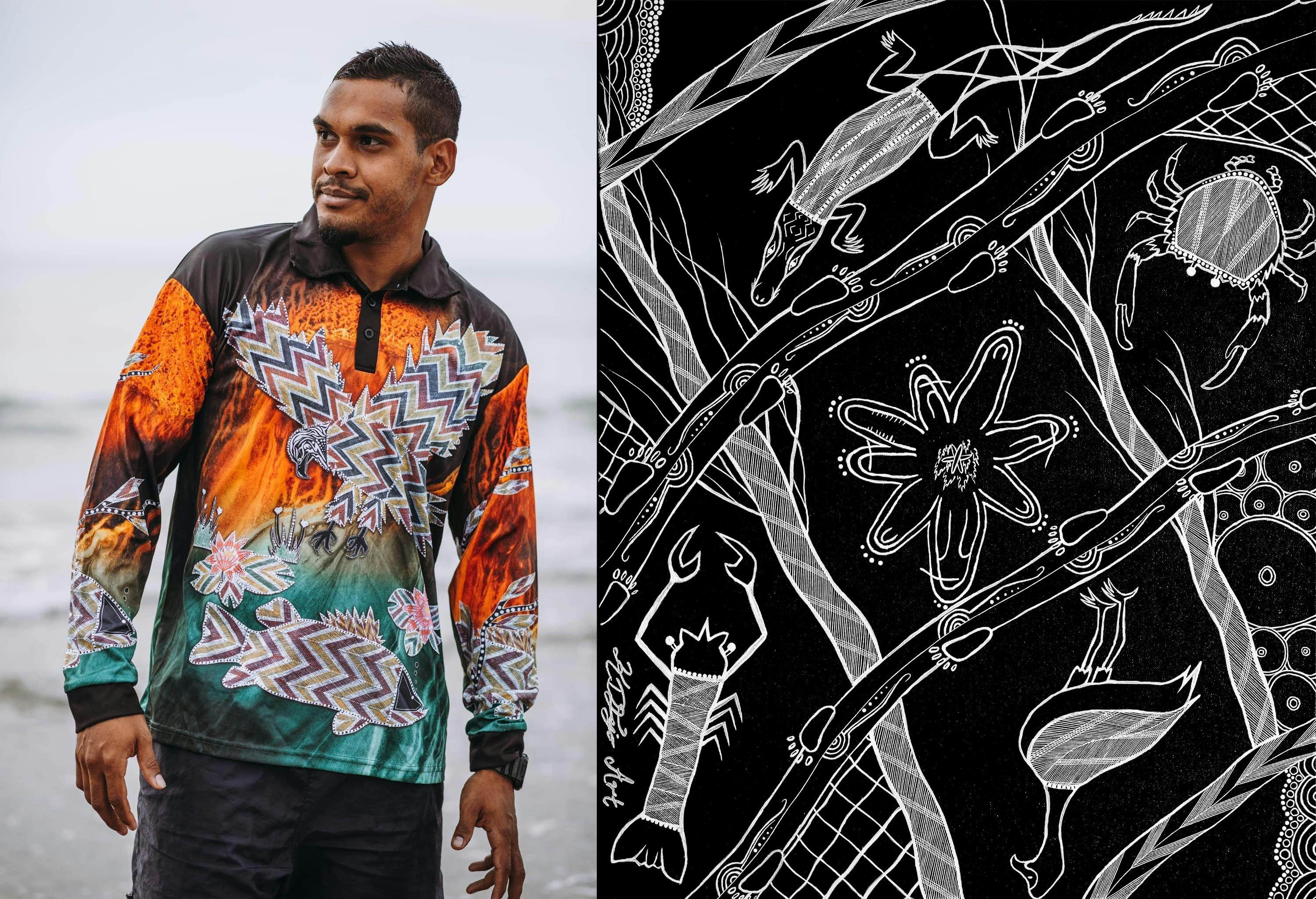 Larrakia/Mayalli artist Keelan Fejo and his original artwork "Ways Under the Banyan Tree'