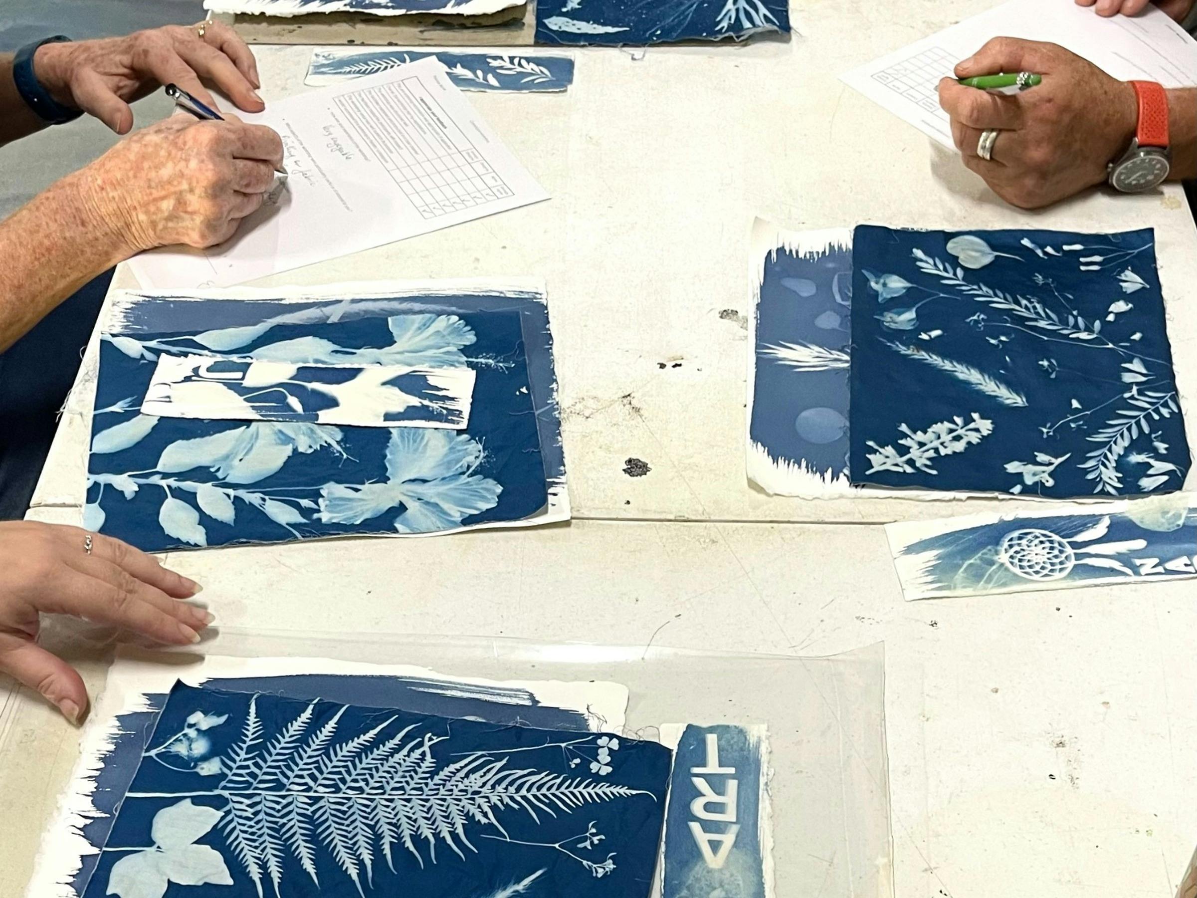 Blue-and-white botanical cyanotype prints featuring detailed silhouettes of ferns, flowers, leaves a