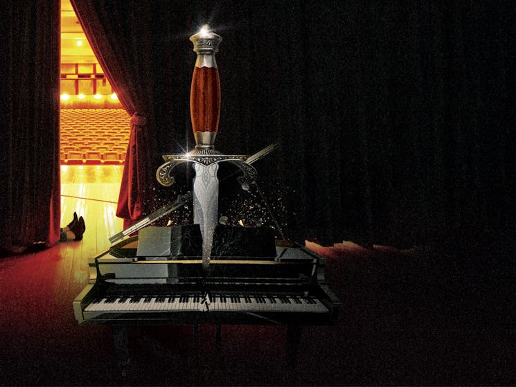 A piano is centre image with a large dagger. A red curtain is drawn showing the feet of a suspected