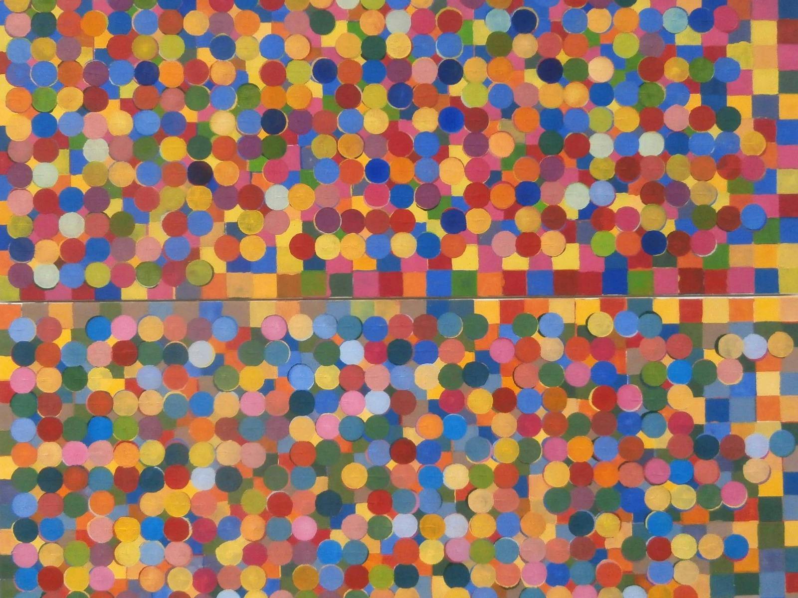 Colourful abstract of overlapping circles on a grid, split by a central horizontal band