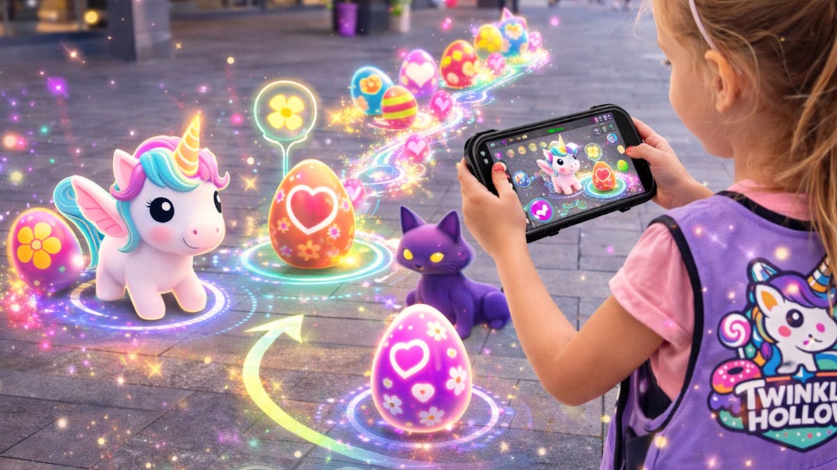 A girl in a Twinkle Hollow vest holds a device as AR unicorns and eggs glow on the path ahead. A girl in a Twinkle Hollow vest holds a device as AR unicorns and eggs glow on the path ahead.