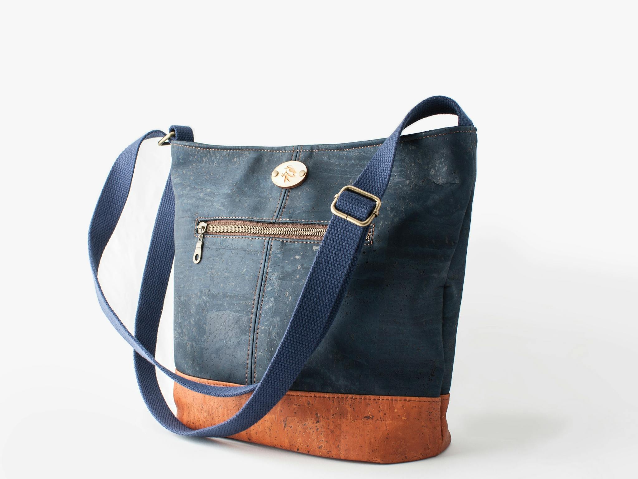 Blue Cork shoulder bag. Handcrafted accessory by Rosemary Lloyd, Jamieson Rose.
