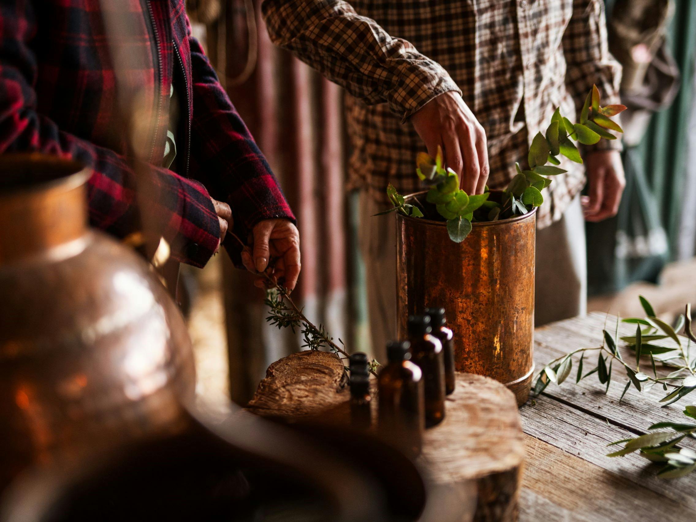 Workshop participants placing fresh botanicals into a copper vessel beside a traditional copper alem