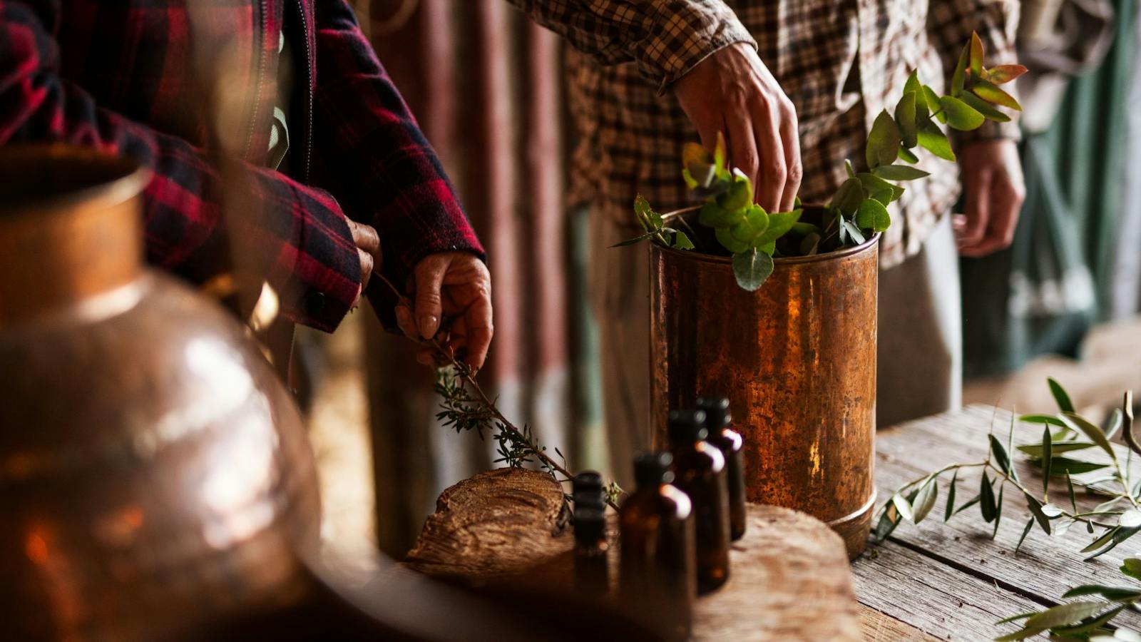 Hands-on botanical distillation at Lavender Goat Farm. Alt Text: