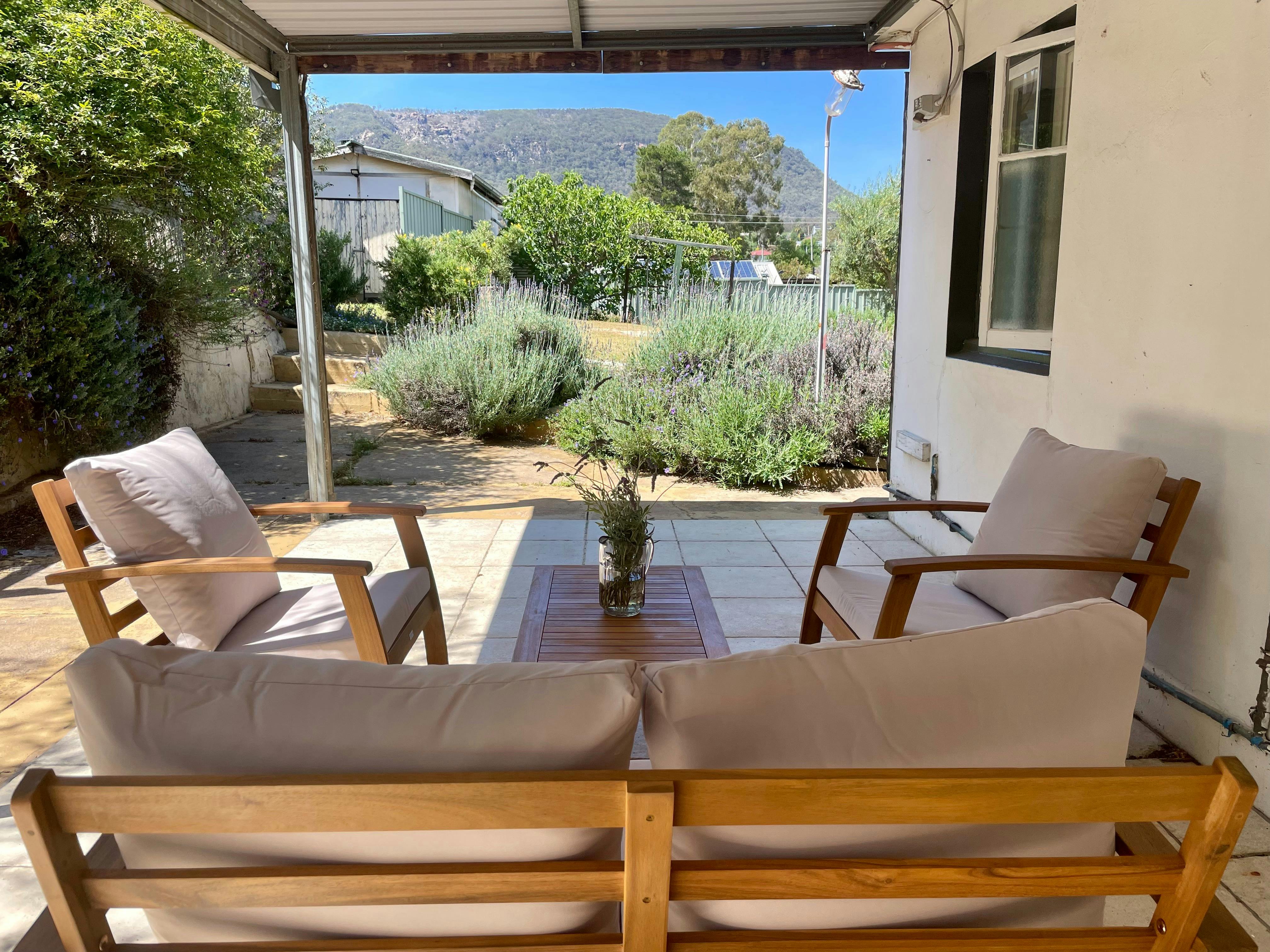 Back patio with mountain view
